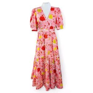 Boden Tiered Maxi Dress Floral Pink Boho Cottagecore Peasant Womens 12 Petite